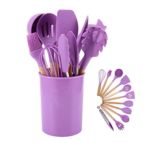 Utensilios de Cocina de Silicona Juego de Utensilios de Cocina - 446 ° F Mangos de Madera...