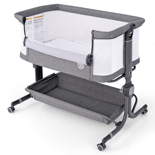 Image of BABY JOY Bassinet, Bedside Crib w/ 6-Level Adjustable Height, Storage Shelf, Wheels, Mattress & Carry Bag for Safe Co-Sleeping, Folding Bassinet Bedside Sleeper for Newborn Infants (Gray)