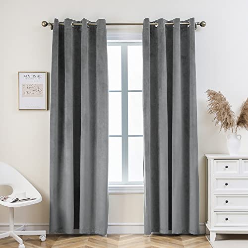 PLEASANT BOULEVARD | Velvet Curtains [2 Panels] Elegant Living Room Bedroom Window Drape Curtains, Grommet Eyelet Style (52" W x 84" L, Gray)