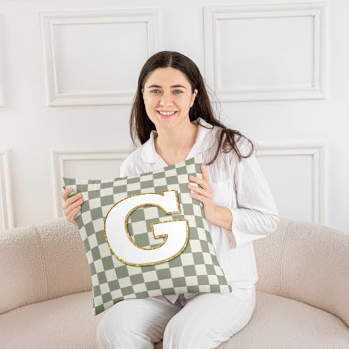 Image of Erosebridal Sage Green Checkered Throw Pillow Covers 20x20 Set of 2 Plaid Initial G Pillow Covers Personalized Monogram Cushion Cover Fashion Grids Gingham Pillow Cases for Couch Sofa