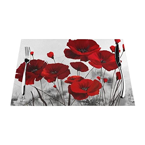Lot de 4 sets de table tissés en PVC Motif coquelicot Rouge 45,7 x 30,5 cm