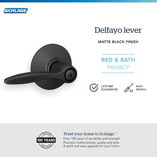 Image of Schlage Delfayo Bed /Bath Privacy Door Handle with Lock, Matte Black | Interior bedroom or bathroom door lever with push button lock, Reversible, Easy install, Certified durability, Universal fit