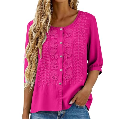 Linen Shirts for Women V Neck Short Sleeve Boho Embroidered Tops Comfy Ladies Lounge Vacation Outfits Seniors Plus Size Button Down Cotton Gauze Blouses Casual Teacher Beach Clothes Hot Pink M