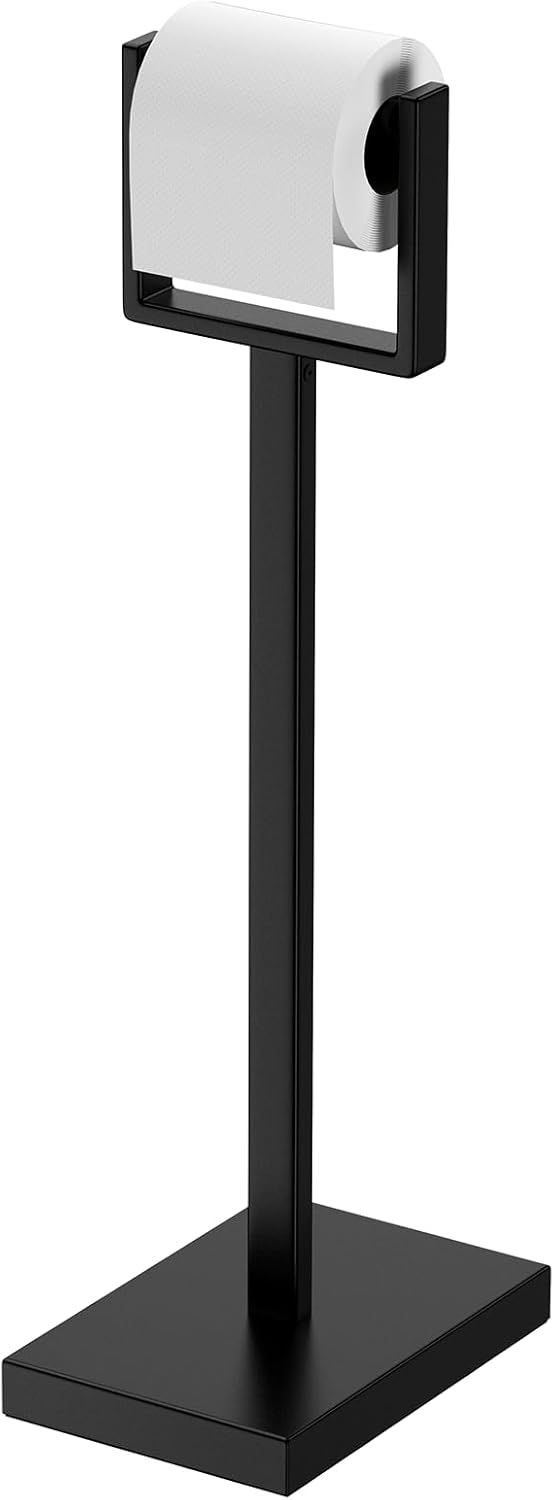 Black Toilet Paper Holder Stand，Stainless Steel Toilet Paper Holder Free Standing，Stable Weighted Base Floor Tissue Roll Holder for Bathroom，Modern Pivoting Toilet Paper Stand