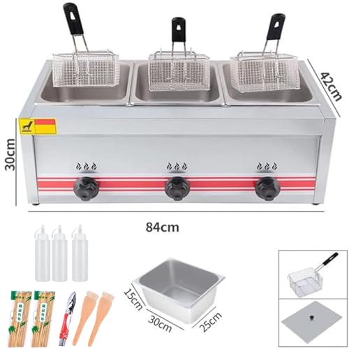 Kommerzielle Gas-Fritteuse, mit 3 Tanks und herausnehmbarem Innentopf, Lebensmittelqualität, Edelstahl, Fettfritteuse mit Gewürzregal und Soßenflaschen – Bild 8