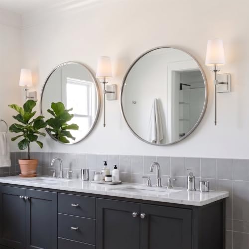 Image of Kira Home Torche 20 inch Mid Century Modern Wall Sconce for Bathroom Vanity | Tapered White Linen Shade, Silver Candle Wall Light with Elongated Tail, Brushed Nickel Finish