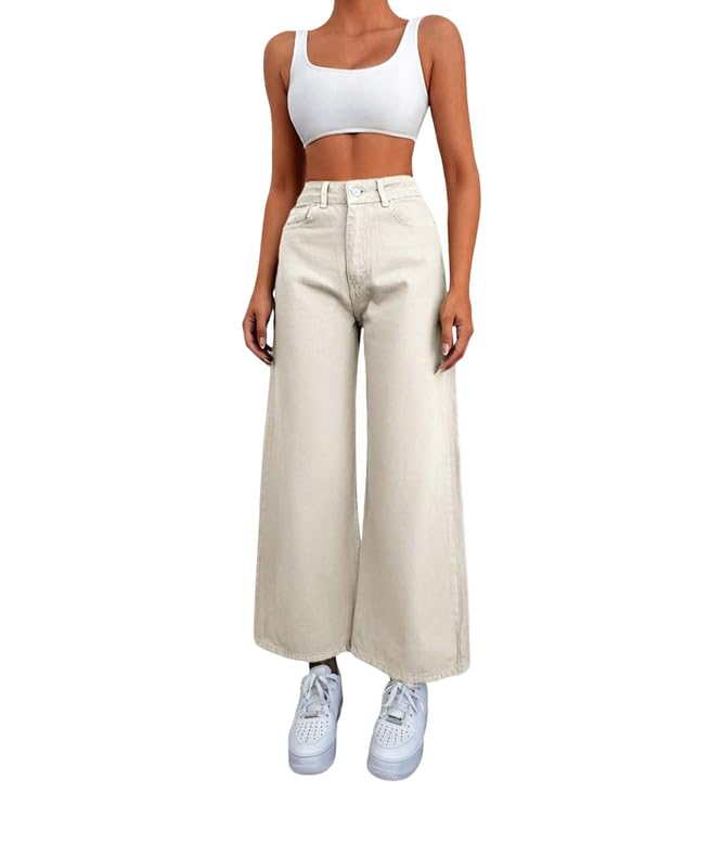 Women’s Cream High Waist Denim Jeans | Straight, Relaxed, Wide Leg & Baggy Fit | High Rise Loose Oversized Denim Pants for Women(WD_Cream_P_26)-image-46