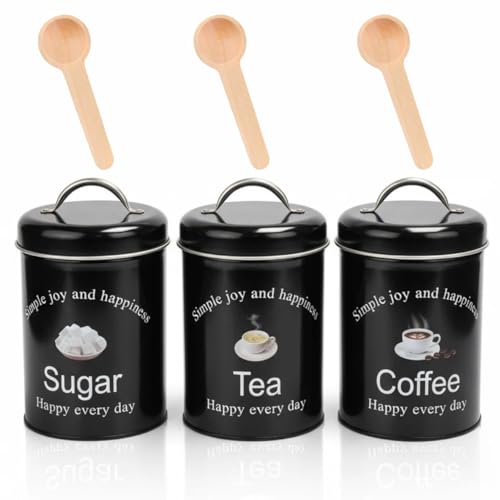 Image of Siocok 3PCS Tea Coffee and Sugar Canisters Set, 1000ml Black Round Airtight Metal Storage Jars, Tea Coffee Sugar Jars with Lids, for Teas, Coffees, Sugar, Flour, Food Storage