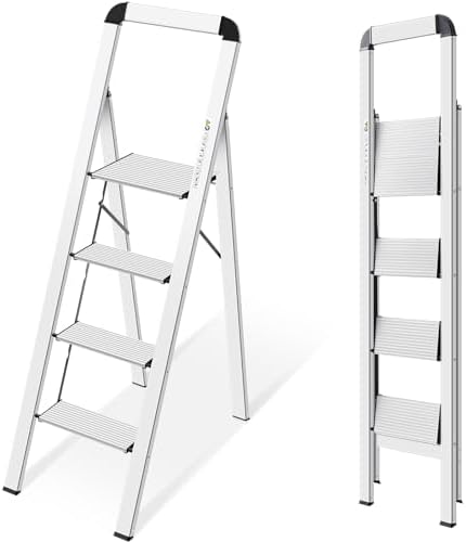 KINGRACK Leiter Aluminium, Trittleiter 4 Stufen Klappbar, Leicht | Haushaltsleiter mit Handlauf, Rutschfeste, Klappsicherung, Belastbar bis 150 kg, für Zuhause, Küche, Wohnung, Gar