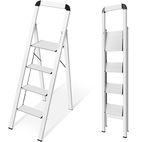 KINGRACK Drabina schodowa, 4 stopnie składania, z poręczą, antypoślizgowa drabina domowa z zabezpieczeniem przed składaniem, aluminiowy stołek, maksymalne obciążenie 150 kg, srebrna