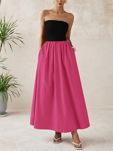 Image of PRETTYGARDEN Women 2026 Summer Elegant Strapless Maxi Dress Tube Top Dress A Line Flowy Long Wedding Party Cocktail Dresses(Black Rose Red,Large)