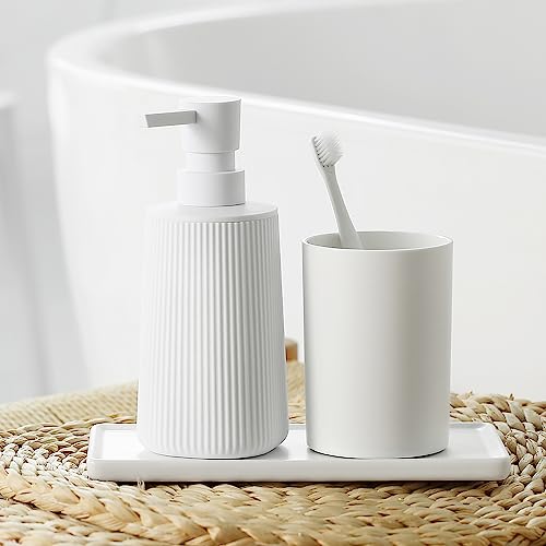 Image of Small Soap Dispenser for Bathroom and Kitchen, Modern Farmhouse Striped Style Plastic Hand Soap Dish Soap Dispenser with Pump Matte White