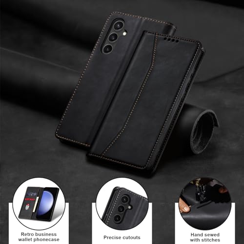 Image of Jasonyu Flip Wallet Case for Samsung Galaxy S23 FE,Leather Magnetic Folio Cover with Card Holder,Kickstand - TPU Shockproof Durable Protective Phone Case,Black
