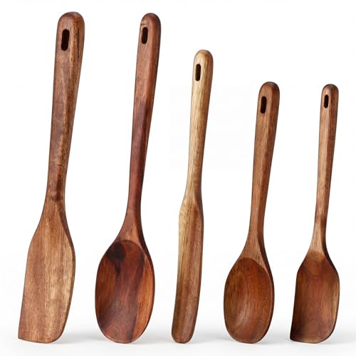 Image of Hushee 5 Pieces Acacia Spatula Set Natural Acacia Wooden Kitchen Utensils Wooden Spoons Tools for Stirring, Mixing, Cooking, Serving, Spurtles for Nonstick Cookware