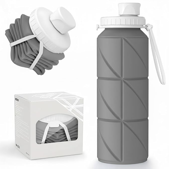 Image of 600ml Folding Silicone Water Bottle Sports Water Bottle Outdoor Travel Portable Water Bottle with Leak-Proof Lid Space-Saving Portable Bottle for Travel, Gym, Hiking, Camping (GRAY)