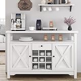 4ever2buy Farmhouse Coffee Bar Cabinet with Storage, White Coffee Bar with Drawer, Kitchen Buffet Cabinet with Barn Door, Wine Bar Cabinet with 9 Wine Racks for Dining, Living Room