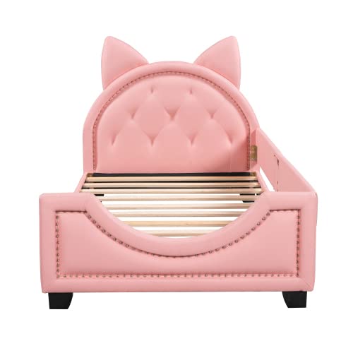 Twin Size Modern Upholstered Daybed With Bunny Ears Headboard, Twin Platform Bed Frame For Kids, Pu Leather Floor Bed Twin Bed Frame, Single Bed, Child's Bedroom, No Box Spring Needed (Pink) #TOP5