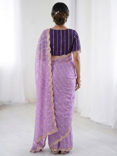 Image of SIRIL Women's Shimmer Georgette Scalloped Border Sequins Embroidery Saree with Unstitched Blouse Piece