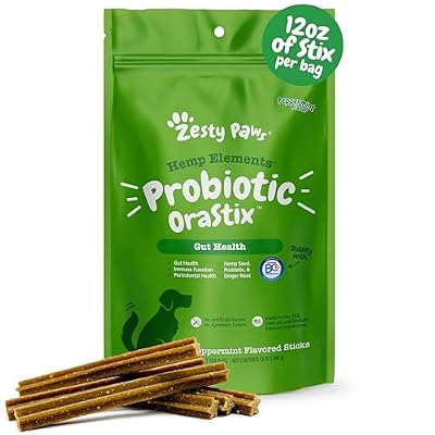 Zesty Paws OraStix for Dogs - Probiotic Sticks with Hemp Seed Curcumin Ginger Root Taurine - Supports Gut Function Flora Immune System Proprietary Healthy Teeth Gum Blend - 12oz