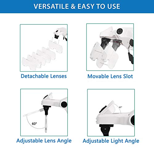 Image of Magnifying Glass with Light for Close Work, Rechargeable Lighted Head-Mounted Magnifier Visor with 2 Jeweler's Loupe LEDs and Interchangeable Headband for Reading, Jewelry Work, Watch Repair