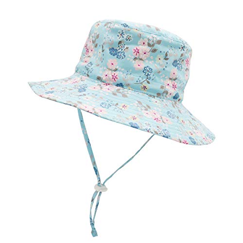Baby Sun Hat Baby Girl Hats Summer UPF 50+ Infant Bucket Hat Baby Beach Hat with Wide Brim Caps Flower Blue 6-12 Months