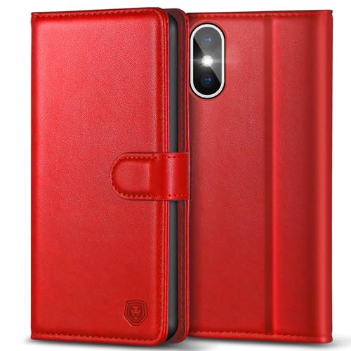 Kuafcase Compatible for iPhone X/XS Case with 4 Card Slots Magnetic Closure Kickstand Shockproof Protective Phone Case Compatible for iPhone X/XS - Red