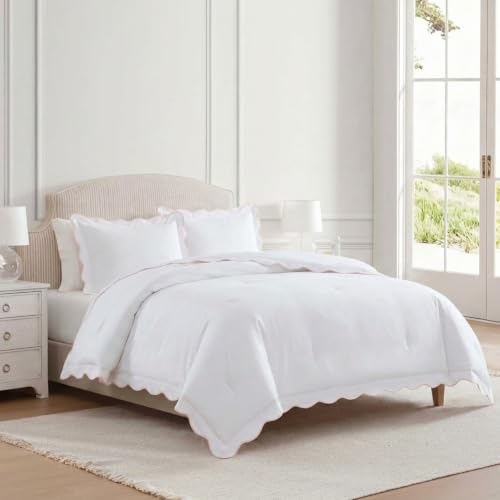 Image of Martha Stewart - Queen Comforter Set, Crisp & Smooth Bedding with a Cotton Percale Lightweight Feel, Reversible 3 Piece Bed Set with Matching Pillowcases (Simple Scallop Pink)