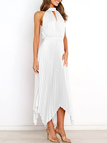 Logene Women's Elegant Sleeveless Cutout Halter Neck Satin Cocktail Dress Pleated Hem Flowy Formal Party Maxi Dress 2023 Wedding Dress 7L52-Baise-S White #TOP2