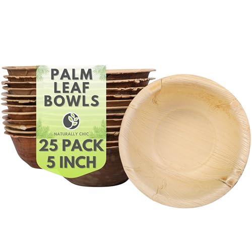 Naturally Chic Palm Leaf Bowls - 5 Inch Round - Bamboo Like, Eco Friendly, Disposable, Compostable and Biodegradable Bowls for Catering, Weddings and Parties