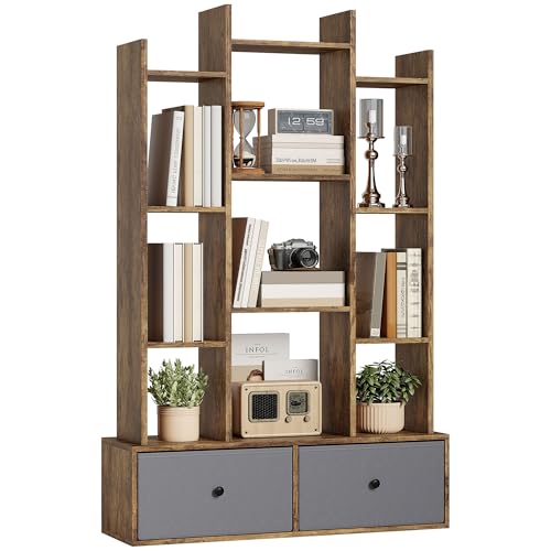 HOMCOM Estantería en forma de árbol, estantería de pie de 12 niveles con 2 cajones plegables, estantería independiente para libros, estantería de exposición para salón, oficina en casa, dormitorio,