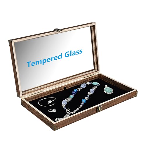 image for MOOCA Wood Glass Top Jewelry Display Case Wooden Jewelry Tray with Met