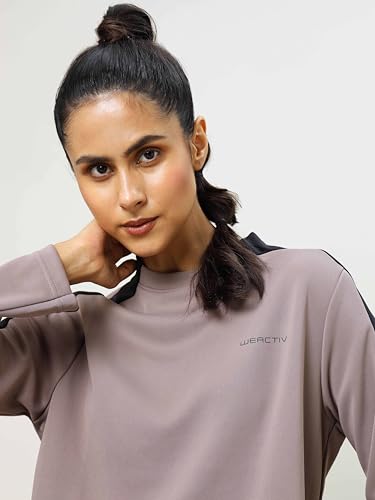 Image of TECHNOSPORT Womens Polyester Crew Neck Slim Fit Color Blocked Crop Sweatshirt Quick Dry & Antimicrobial