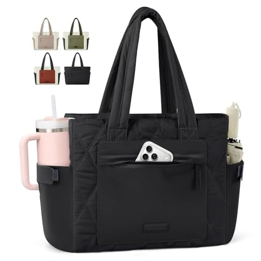 RAINSMORE Work Tote Bag for Women, Puffer Laptop Tote Bag for Teacher Large Lightweight Quilted Travel Bag with Cup Holder