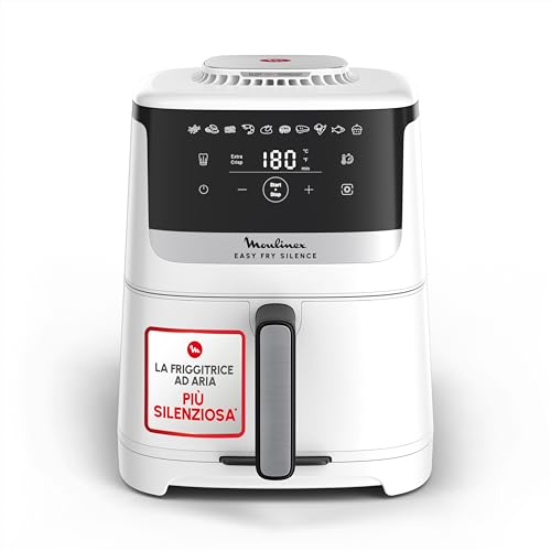 Moulinex Easy Fry Silence, Friggitrice ad Aria Silenziosa 5L/1.5kg per 6 Persone, 1670W, Sistema Easy Clean & Store, 10 Programmi, Touchscreen e Cestello Lavabile in Lavastoviglie, Bianca EZ5521