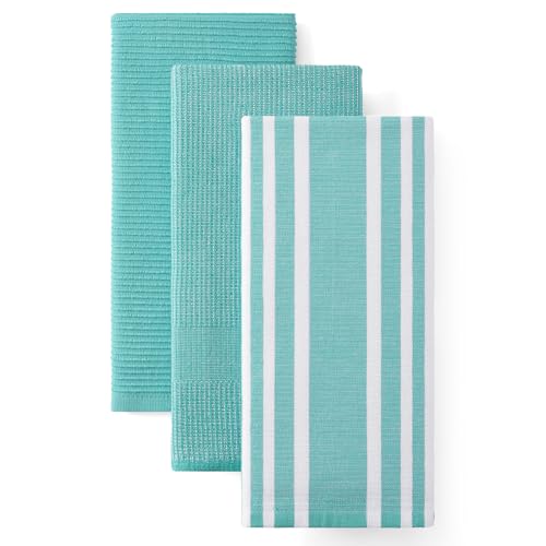 Image of Homaxy Premium Kitchen Towels(18 inchx 28 inch, 3 Pack), Large Cotton 380 GSM Kitchen Hand Towels, Soft and Absorbent Terry Dish Towels, Multipurpose Tea Towel Set with Hanging Loop, Teal