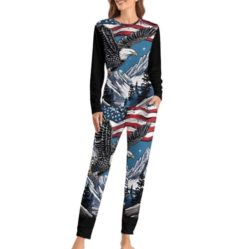 Conjunto de pijama de 2 piezas de manga larga para mujer, diseño de bandera americana, Estilo:, L