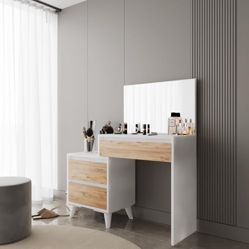 Smart Home Art Venus Schminktisch mit Spiegel und Schubladen – Weiß & Atlantic Eiche – Moderner Frisiertisch mit viel Stauraum – Stilvoll & Funktional