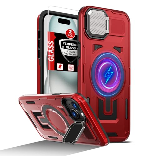 Coque magnétique iPhone 15 MagSafe rouge antichoc avec béquille et verre