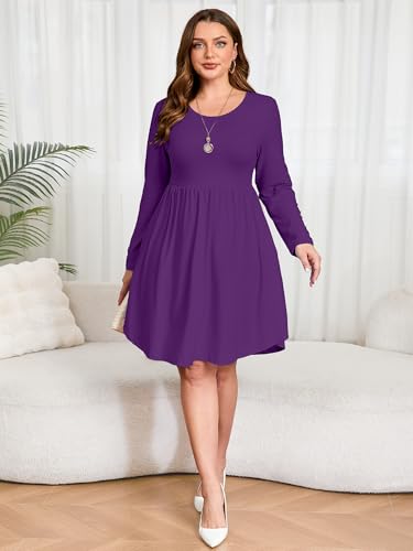 Image of AusLook Women's Plus Size Long Sleeve Midi Dress Casual Empire Waist Loose Flowy Dresses A-Line Boho Long Dress with Pockets