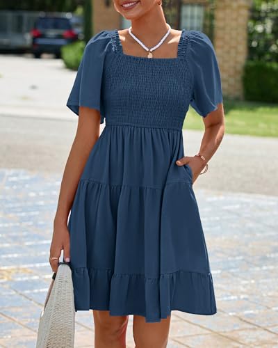 Image of BTFBM Womens Summer Smocked Mini Dress Spring Square Neck Flutter Sleeve Casual Ruffle Swing Boho Beach Dresses Pockets