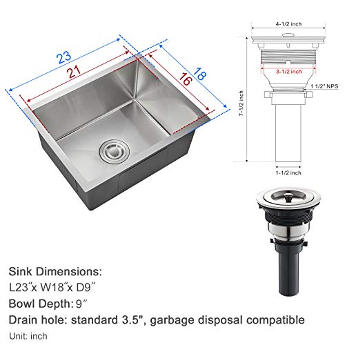 Rovogo 23 X 18 In. Undermount Single Bowl Kitchen Sink, 304 Stainless Steel Handmade Bar Prep Sink With Basket Strainer #TOP6