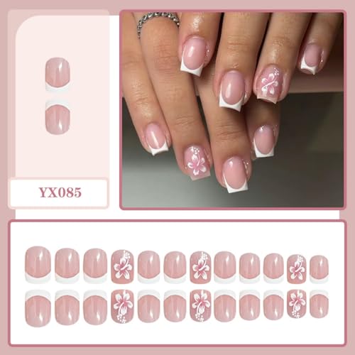 Image of 24Pcs White French Tip Press on Nails Flower Fake Nails with Summer design Nude Glossy Full Cover Short Square Stick on Nail for Women Manicure