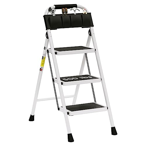 3 Step Ladder EFFIELER Folding Step Stool with Wide Anti-Slip Pedal, 500 lbs Sturdy Steel Ladder, Convenient Handgrip, Lightweight, Portable Steel Step Stool for Household, Kitchen,Office Step Ladder