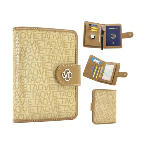 Image of Passport Holder for Travel, RFID Blocking Leather Airtag Wallet for Women Men, Large Passport Cover Essentials Gift, Tickets, Cash, Photo, Sim Card Pen Slot - Apricot
