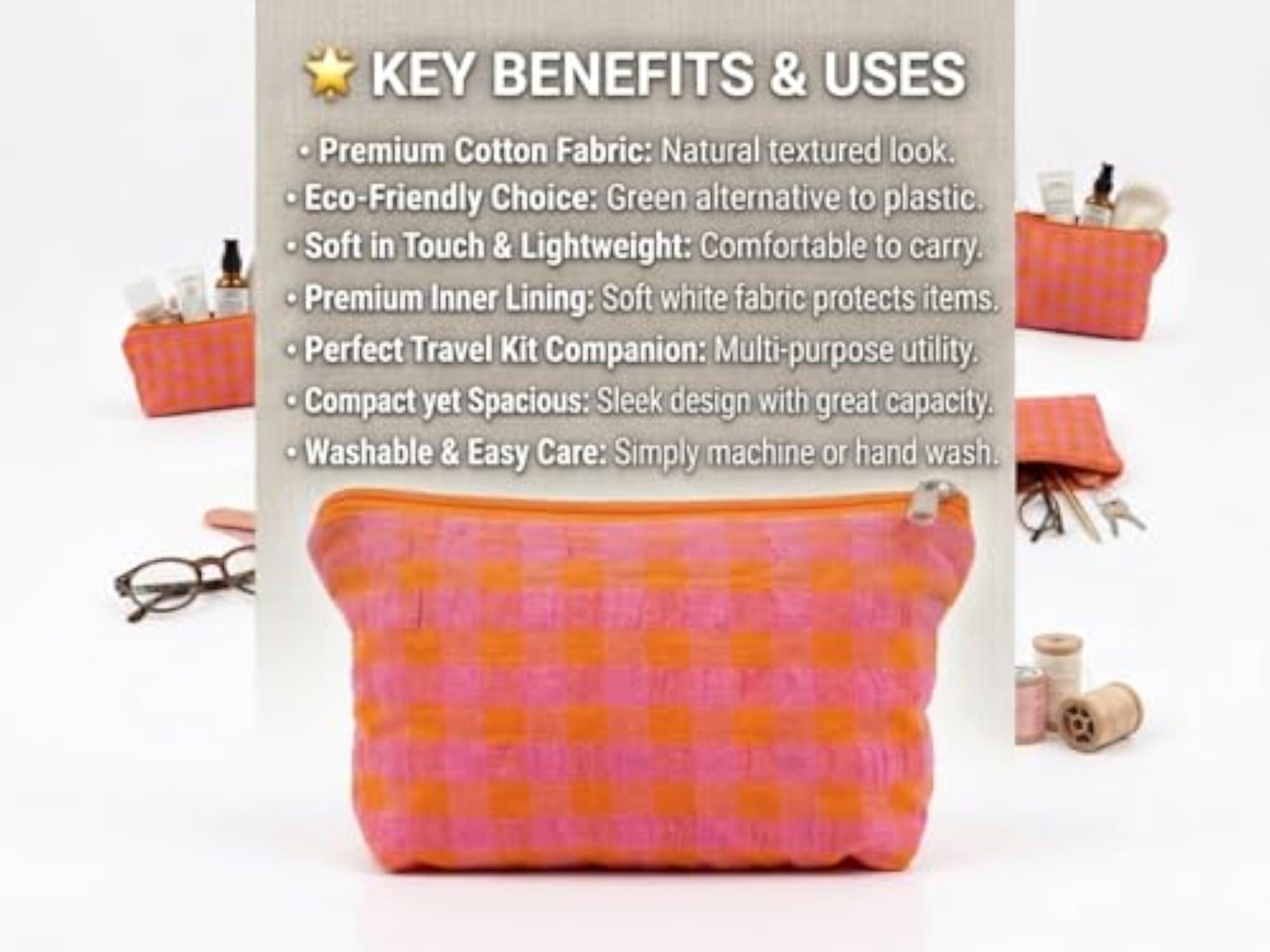 Pink and Orange Checkered Multipurpose Cotton Pouch for Travel