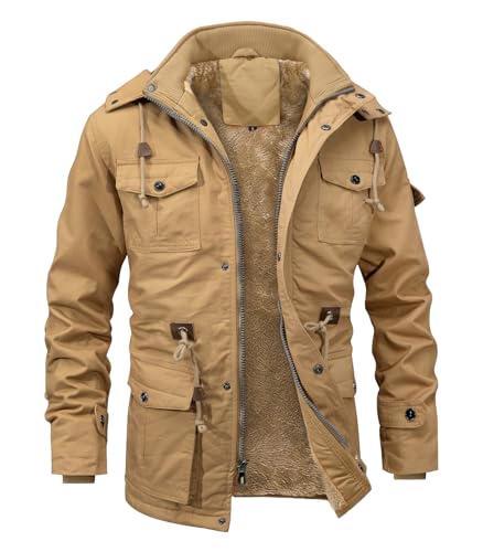 Image of INVACHI Men's Thick Winter Jacket With Hood,Fleece Lining Cotton Military Jackets,Work Coats with Multiple Pockets