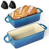 2 IN 1 Cast Iron Bread Loaf Pan with Lid, 3.4QT 9x5 Inch Dutch Oven for Bread Baking, Even Heating Bread Oven, Enameled Bread Pan for Homemade Sourdough Bread Baking & Versatile Cooking, Blue