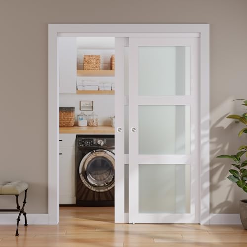 SMARTSTANDARD Sliding Closet Door, 64"×80"(Double Barn Doors 33"), Double Frosted 3 Panel Glass Sliding Door with Hardware Kit, Pre-Drilled Door Panel, Need to Assemble, MDF with PVC Surface, White