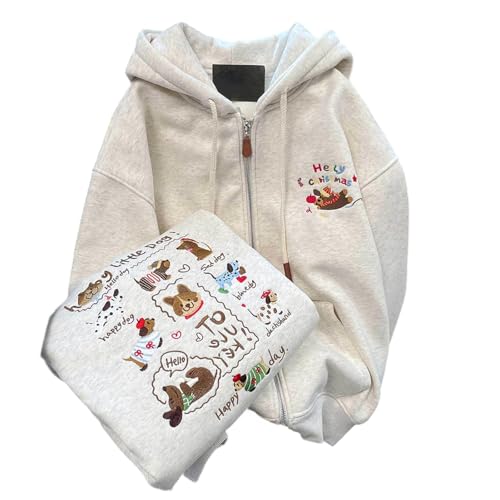 Generisch Damen Kapuzenpullover mit besticktem Hundemotiv bequemer Fleece Hoodie lässiger Oversize Schnitt Langarm für Winter Frühling Alltag (White, M)