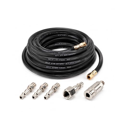 Air Compressor Hose 15m Rubber Air Line 9.5mm ID x 15mm OD 300 PSI Working Pressure Heavy Duty Pneumatic Air Hose with 5 Quick Release Fittings 1/4 BSP for Air Tools & Compressors
